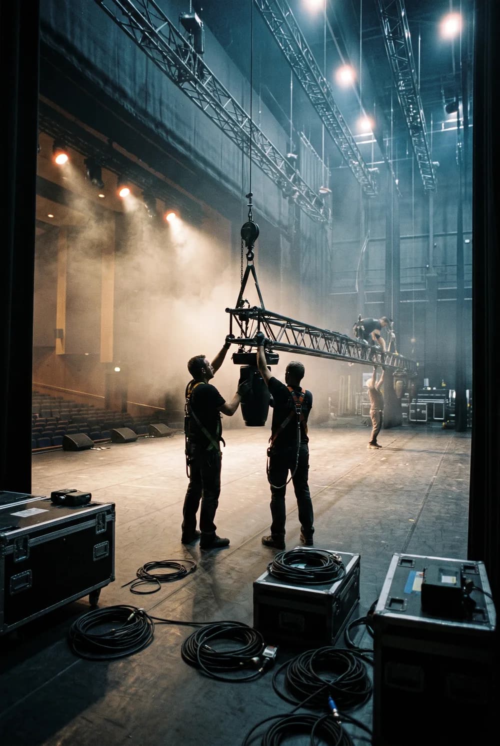 Production crew rigging lighting truss on a hazy, empty stage before doors