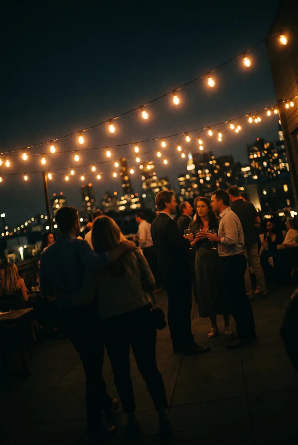 A rooftop gathering at dusk under warm string lights, city skyline behind